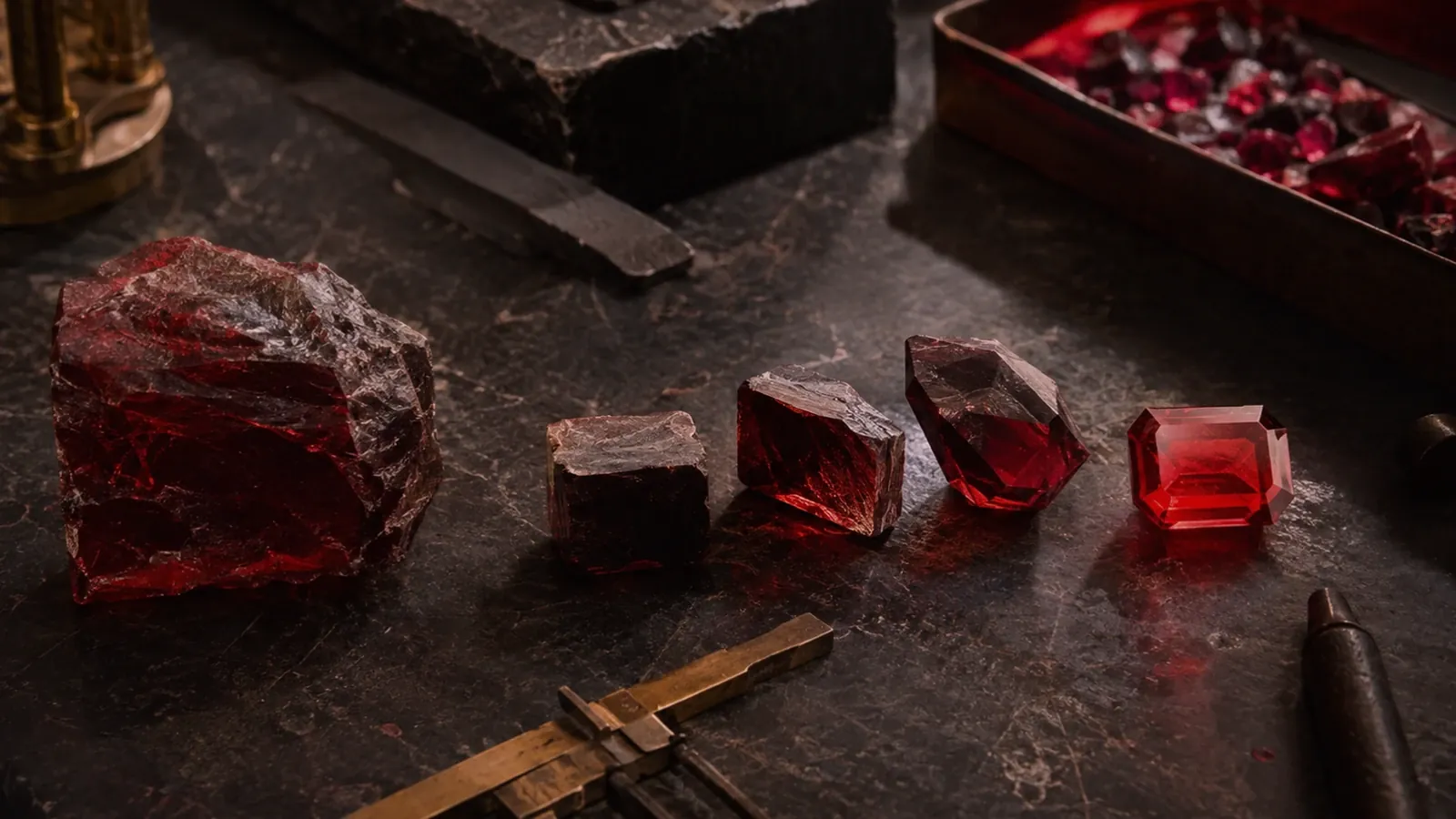 Cut ruby fragments and a brass rule on a dark worktable.