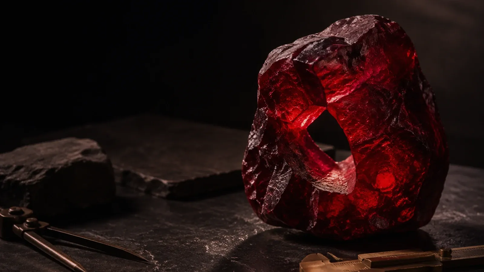 A large raw ruby catching red light on a dark stone workbench.